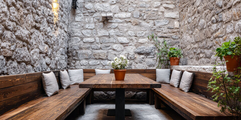 Seating area with wooden benches and a small plant at a stone wall in an outdoor courtyard setting