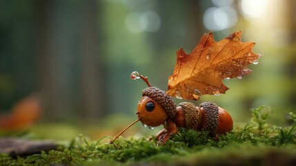 Fototapeta premium Whimsical Forest Creature with Acorn Head and Leaf Wings on Mossy Ground in Natural Light