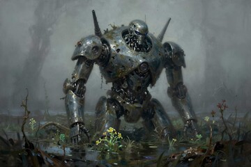 Fototapeta premium Ancient rusty robot standing abandoned in a foggy overgrown jungle