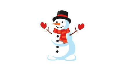 A cheerful snowman wearing a black top hat and red scarf holds up two red hearts on a plain white background with a joyful and festive mood.