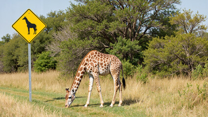 Fototapeta premium Giraffe grazing near road sign in natural environment for World Wildlife Day 