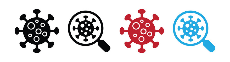 Obraz premium Microbe under a magnifying glass. Virus, germ and magnifier. Virus icons set with magnifying glasses for medical and science use.