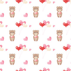Cute seamless pattern background lovely bear and heart shape balloon hand draw vector illustration. Transparent concepts Happy Valentine's day, Hello February, Fabric and surface print texture design.