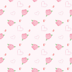 Cute seamless pattern background rose and heart shape hand draw vector illustration. Pink pastel concepts Happy Valentine's day, Hello February, Fabric and surface print texture design.