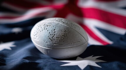 Rugby ball placed on Australian flag with details of the sport and national pride represented