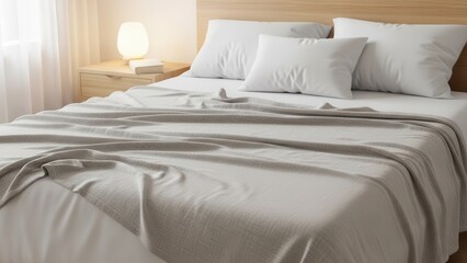 Serene, minimalist, and inviting bedroom scene featuring a neatly made bed with crisp white linens and a soft, textured grey throw blanket casually draped across the lower portion, illuminated by