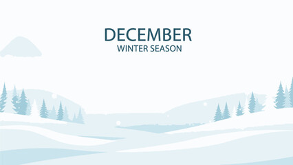 Illustration of a serene winter landscape with snow-covered hills, evergreen trees, and a mountain in the background, featuring the text 'December Winter Season' in a clean design.