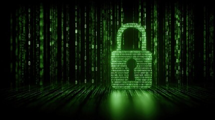 Digital Security Padlock Illustration in Green Binary Code Matrix Background, Representing Cybersecurity and Data Encryption