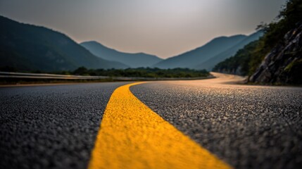 Obraz premium Scenic Mountain Road with Yellow Line: A Journey Through Nature's Majestic Landscape
