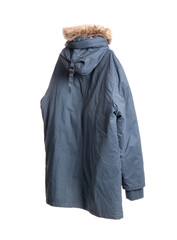 Winter parka coat with fur trimmed hood isolated on white background, back view of blue insulated outerwear jacket for cold weather fashion and seasonal clothing catalog © Pixel-Shot