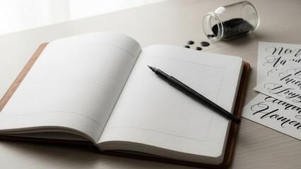 Serene and inviting minimalist composition featuring a brown leather-bound open notebook with textured blank pages, a sleek black calligraphy pen resting across the center, and scattered ink droplets