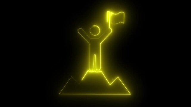Glowing neon line of man conquering mountain peak icon isolated on transparent background Business concept of victory, success, goal achiever Success icon animation with neon shine on black background
