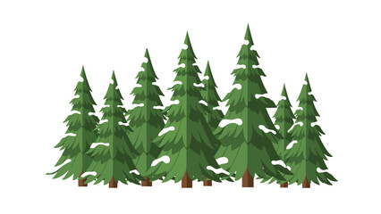 A graphic illustration of a group of evergreen trees with snow on their branches against a white background, featuring a mix of green and brown hues with a natural and serene mood.