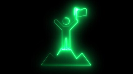 Glowing neon line of man conquering mountain peak icon isolated on transparent background Business concept of victory, success, goal achiever Success icon animation with neon shine on black background