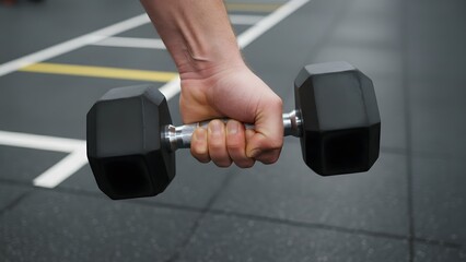 Hand holding dumbbell for workout outdoors.