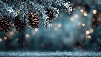Christmas Winter Background: Snowy Blue Spruce Branches, Pine Cones, and Warm Holiday Bokeh Lights on a Frosty Surface. Cozy Festive Nature Scene Template.