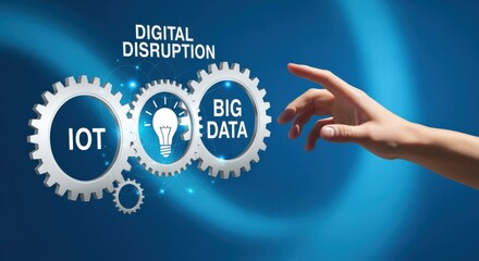 Digital Disruption Concept with Gears, Lightbulb and Hand on Blue Background Representing Innovation