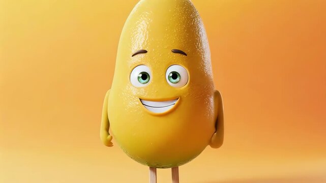 Cheerful yellow mango character smiling with big eyes