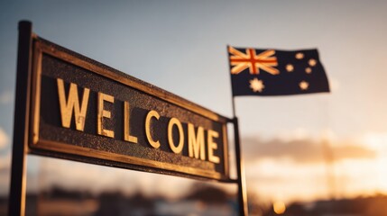 Obraz premium Welcome sign in front of Australian flag at sunset near a busy highway in Australia celebrating local culture and community spirit