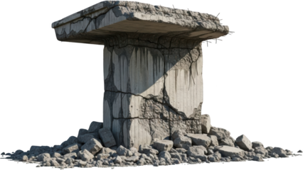 Severely damaged concrete pillar remnant with exposed rebar sits atop a pile of gray rubble showing deep cracks and surface deterioration against a black void background Ruin Debris