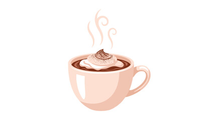 A steaming cup of hot chocolate with whipped cream on top, depicted in a soft, pastel color scheme against a clean white background.