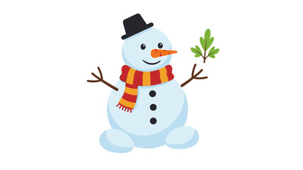 A cheerful snowman wearing a black top hat and colorful scarf holds a leafy branch, set against a clean white background with a playful and festive mood.