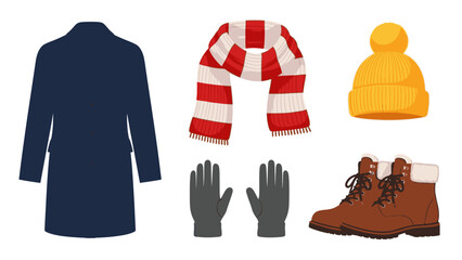 Flat lay of winter clothing items including a navy coat, red and white striped scarf, yellow beanie, gray gloves, and brown boots on a white background. © Anton