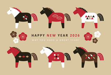 2026年年賀状デザイン　縁起の良い柄の6頭のかわいい馬