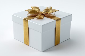 Obraz premium Elegant White Gift Box with Gold Ribbon and Bow on a Clean White Background
