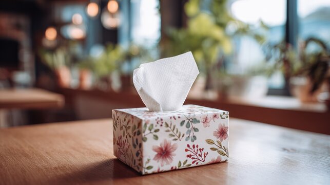 A tissue box sits on a wooden surface, with a floral pattern and extracted tissues