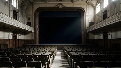 Empty Theater Auditorium with Black Stage.