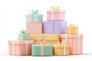 Obraz premium Colorful Gift Boxes Stacked Together with Ribbons and Bows on a White Background