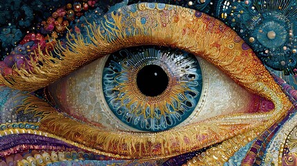 Intricate Surreal Human Eye with Golden Ornate Patterns and Vibrant Teal Eyelid in Fantasy Digital Art Style