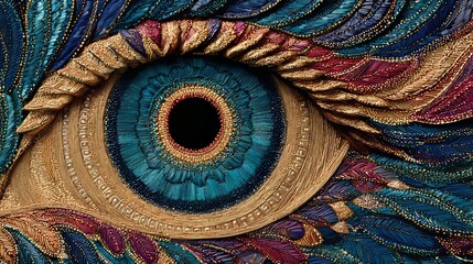 Intricate Surreal Human Eye with Golden Ornate Patterns and Vibrant Teal Eyelid in Fantasy Digital Art Style