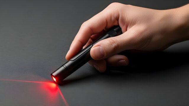 Hand Holding Laser Pointer with Red Beam.