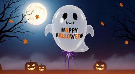 Floating halloween ghost balloon with full moon and pumpkin lanterns