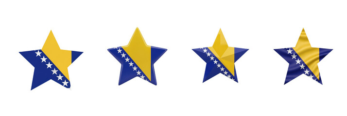 Set of four Bosnia and Herzegovina flag stars, patriotic national symbols, Bosnia and Herzegovina star shape decorations, isolated on white background, 3D render, holiday PNG.