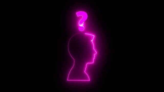Glowing neon line Human head with question mark icon isolated on purple background.Help icon, support concept, call center and customer service animation on black background