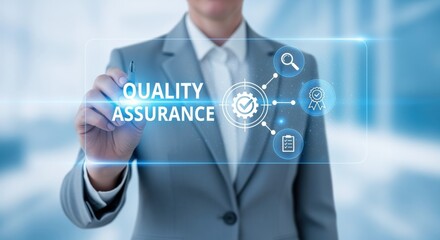 Obraz premium Quality Assurance Concept: Businesswoman Interacting with Digital Interface Displaying Management and Standardization Processes for Compliance and Optimization
