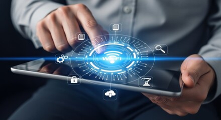 Person using tablet with wireless technology interface, data protection, cloud storage, security and internet connection