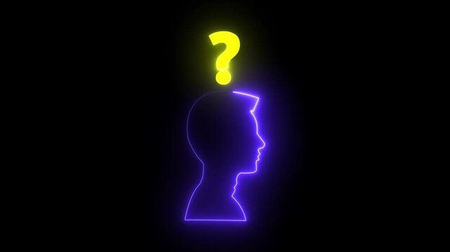 Glowing neon line Human head with question mark icon isolated on purple background.Help icon, support concept, call center and customer service animation on black background