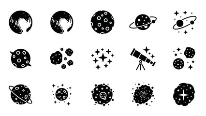 Black and white space and astronomy icons set featuring planets, stars, telescopes, and celestial bodies. © Melin