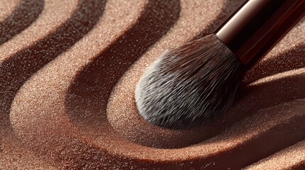 Makeup brush resting on shimmering textured surface of bronze powder with glitter particles, close-up beauty product image for cosmetic and skincare themes