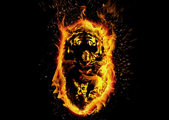 暗い背景に燃える火の虎の3dイラスト。炎に包まれた虎の力強いイメージ。