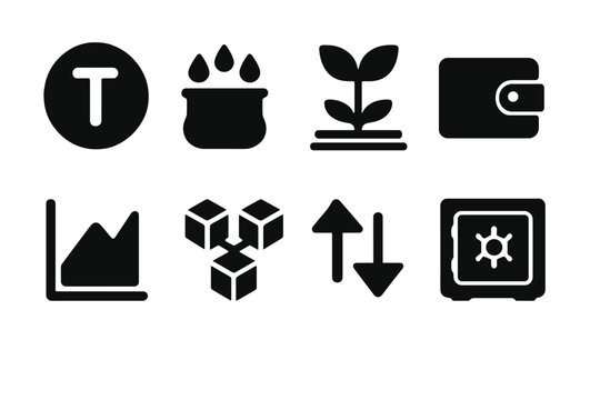 DeFi Icons Collection. DeFi ecosystem. Filled icon set of DeFi ecosystem: token, liquidity pool, yield farm,