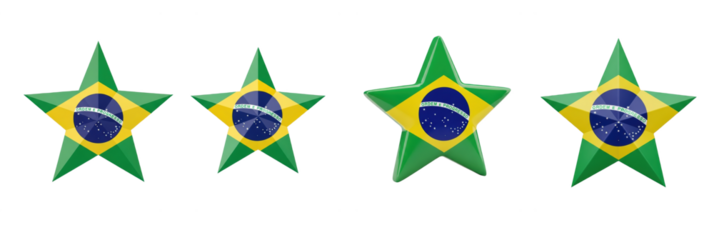 Set of four Brazil flag stars, patriotic national symbols, Brazil star shape decorations, isolated on white background, 3D render, holiday PNG.