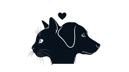A black silhouette of a cat and dog's heads merged together, with a heart above, symbolizing pet love and companionship.
