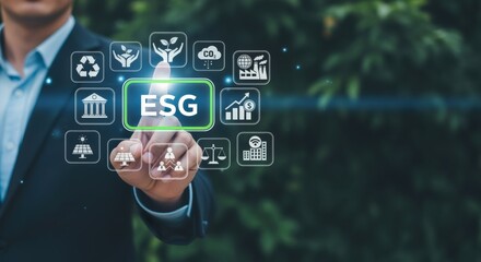 Sustainable Business: A Businessman Navigating Environmental, Social, Governance Factors with Interactive ESG Interface for Future Growth