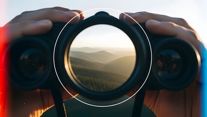 Man using binoculars to view landscape.