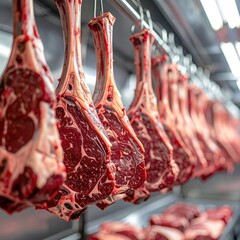 Raw beef cuts hanging, meat display